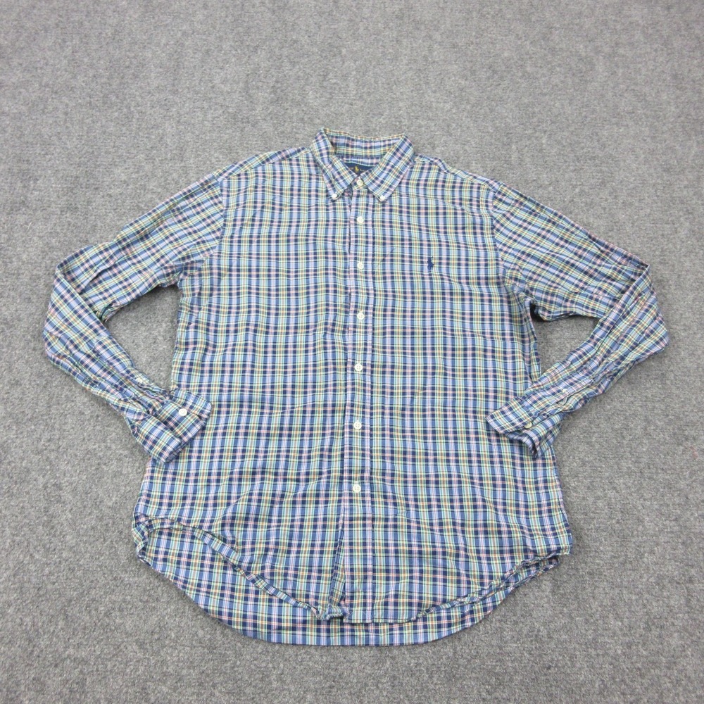 Ralph Lauren Shirt Mens L Blue Plaid Cotton Slim Fit Long Sleeve Button Down